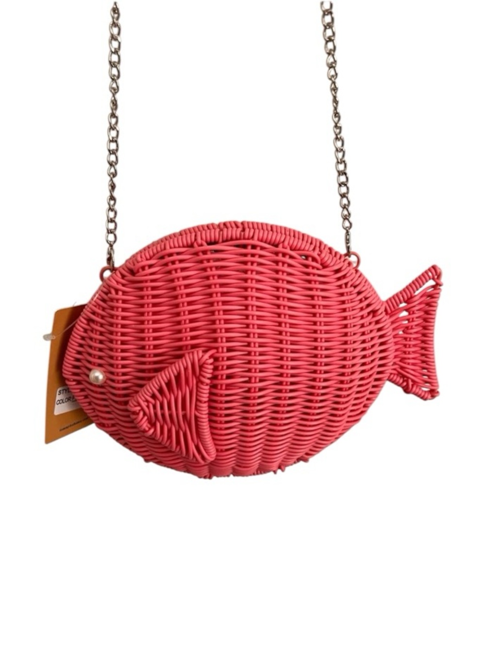 Tommy Bahama Pink Woven Wicker Pink Fish Crossbody Purse Clear Bead Bag - Picture 5 of 7